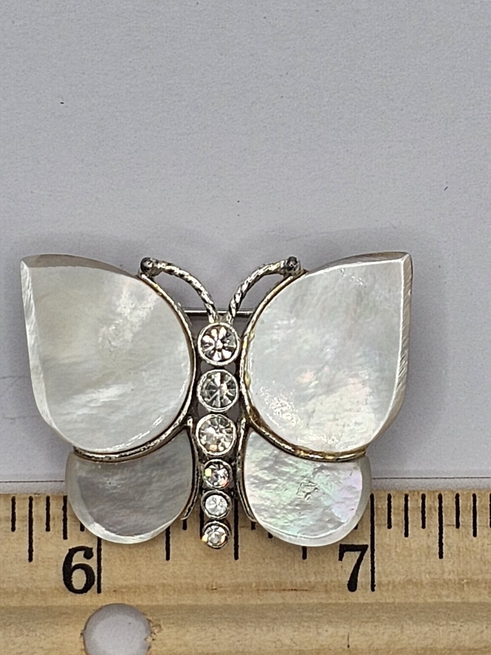 Vintage Monet Silver Tone Costume MOP & Clear CZ Stone Butterfly Pin E131